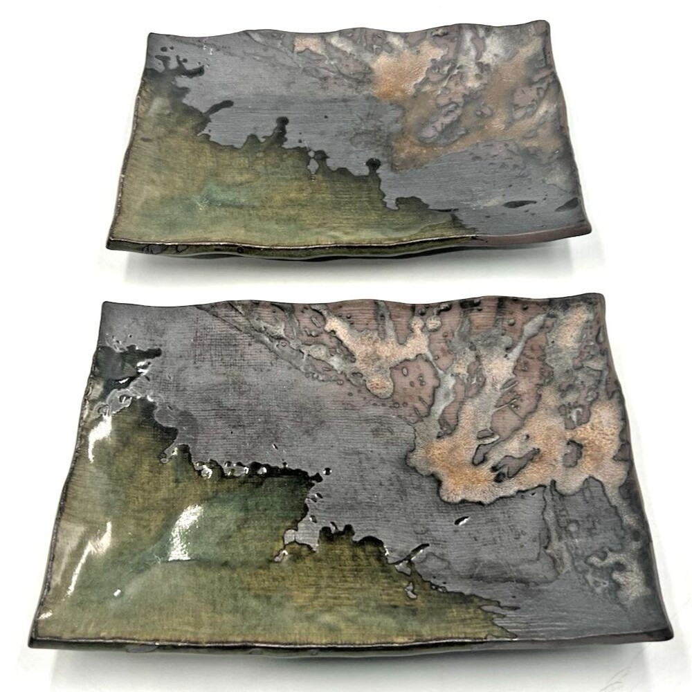 2 Japanese Banko Ware Plates Iga Kinsai Iridescent Metallic Glaze Rectangle 8.75